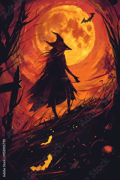 Fototapeta Witch at Halloween night. Colorful spooky illustration, perfect for greeting card and spooky party poster. Jack o Lantern pumpkin, bats, scary spiders and hunted home. 