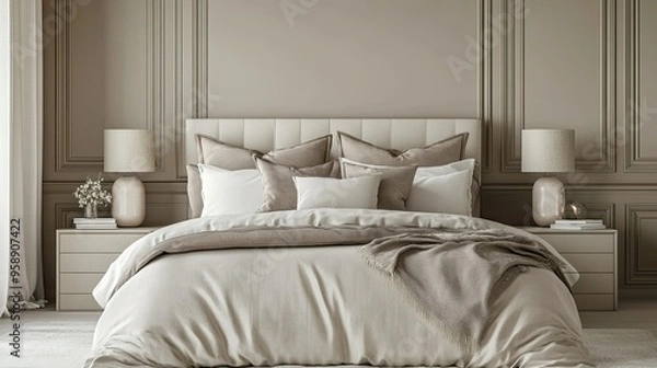 Fototapeta Bed with luxurious bedding and bedside lamps, with space for text on a neutral wall.