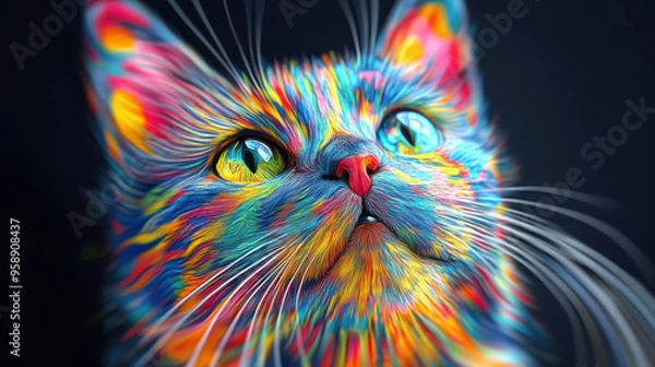 Fototapeta A cat with a green face is in the center of a colorful swirl