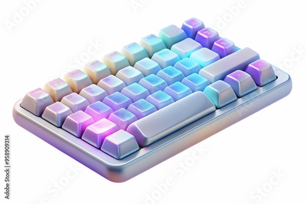 Fototapeta Modern Keyboard with Holographic Shortcuts Floating Above Keys on White Surface - Innovative Tech Concept with Ample Copy Space, Top Down Perspective - Stock Photo