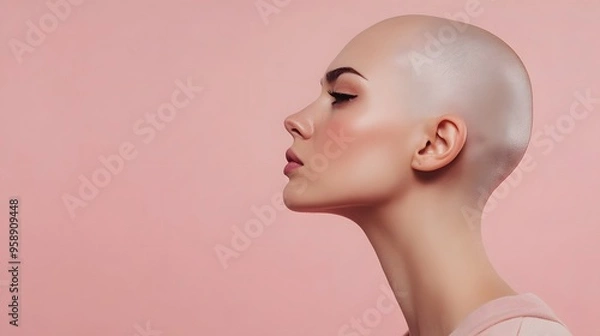 Obraz A bald woman with a determined expression stands against a pink background.
