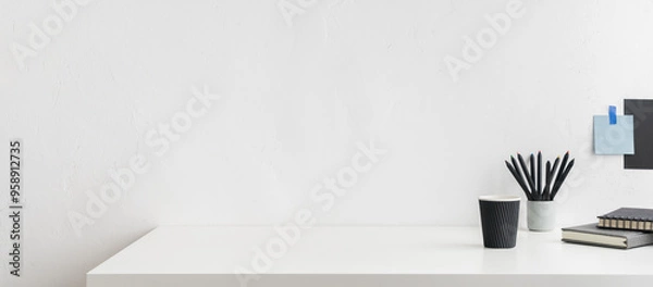 Obraz Office table, empty desk with supplies and white wall copy space.