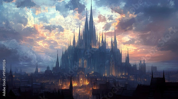 Obraz Fantasy landscape with architecture in a painted style.