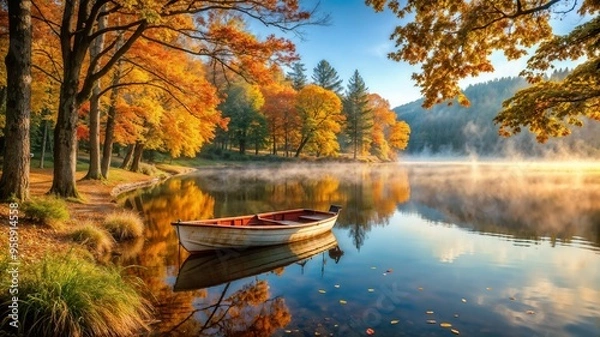 Fototapeta Serene autumn lake with a wooden boat, colorful foliage, and misty reflections in calm water