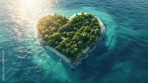 Fototapeta A small island in the middle of the ocean with a heart shape