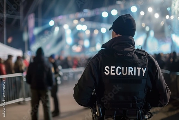 Fototapeta Security guard maintaining vigilance at a nighttime event, ensuring the safety and security of attendees under bright stage lights and a busy atmosphere