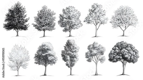 Fototapeta Hand drawn pencil sketch of different types of trees
