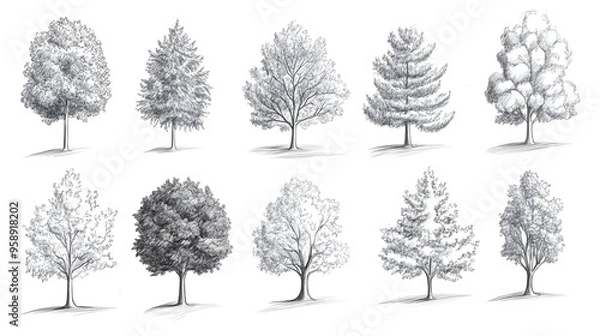 Fototapeta Hand drawn pencil sketch of different types of trees