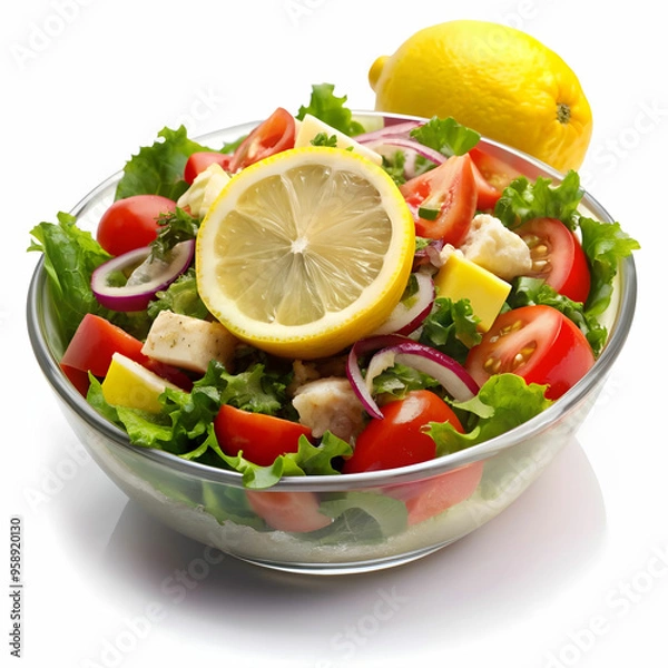 Fototapeta cold mangal salad with lemon slice with white background