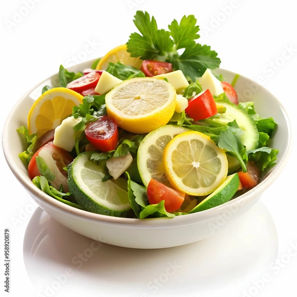 Fototapeta cold mangal salad with lemon slice with white background