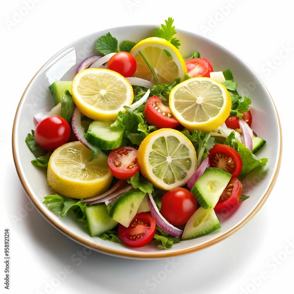 Fototapeta cold mangal salad with lemon slice with white background