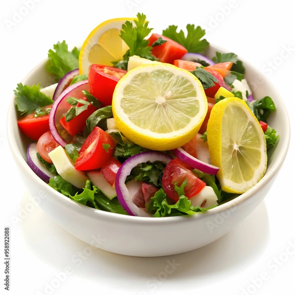 Fototapeta cold mangal salad with lemon slice with white background