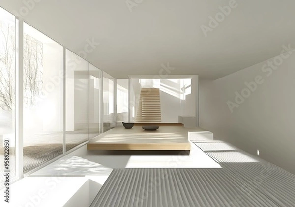 Fototapeta Minimalist Interior Design with Wooden Stairs and Sunlight