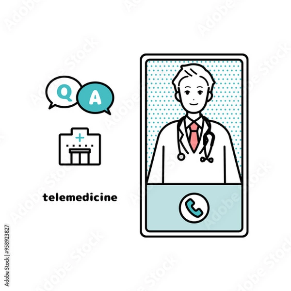 Fototapeta 病院にオンライン相談・診断をするイラスト　スマートフォン