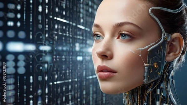 Fototapeta close up portrait of female cyborg with artificial intelligence on gray background Artificial intelligence project.