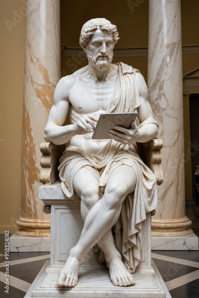 Fototapeta An ancient Greek statue holding a tablet on a museum background, Generative AI