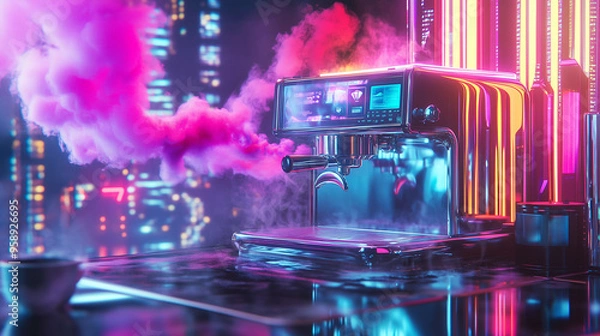 Obraz Futuristic Coffee Machine with Neon Lights and Holographic Display in Cyberpunk Style