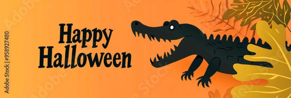 Fototapeta Happy Halloween Banner with Cartoon Crocodile and Autumn Leaves on Orange Background