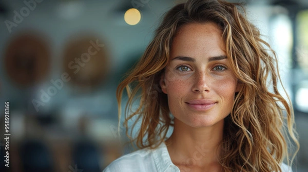 Fototapeta Close-up portrait of a beautiful woman with wavy hair and natural makeup, radiating confidence and warmth against a blurred background of soft lights and colors.

