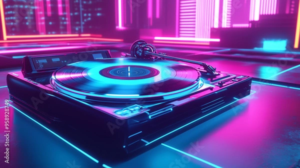 Obraz Futuristic Record Player with Neon Lights and Holographic Display in Cyberpunk Style