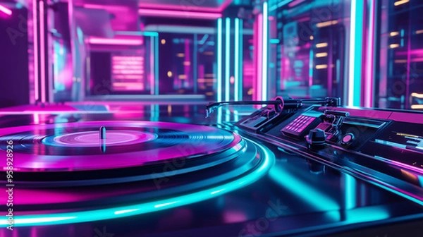 Obraz Futuristic Record Player with Neon Lights and Holographic Display in Cyberpunk Style