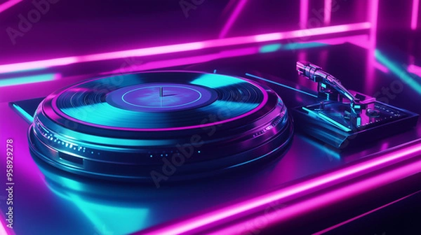 Obraz Futuristic Record Player with Neon Lights and Holographic Display in Cyberpunk Style