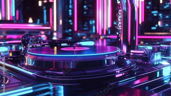 Obraz Futuristic Record Player with Neon Lights and Holographic Display in Cyberpunk Style