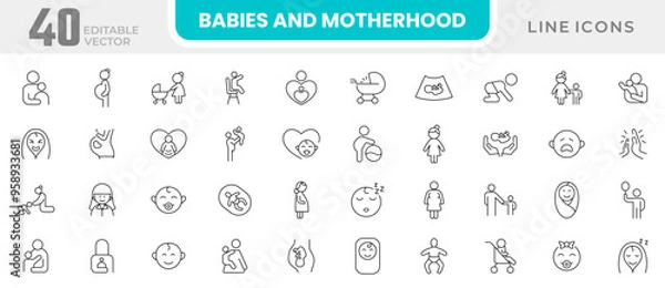 Fototapeta Babies and motherhood line icon collection. Pregnancy, pregnant, mom, mother, prenatal care, kid, children, parenthood, baby, children, family, child care, gynecology icon set. UI outline icon pack