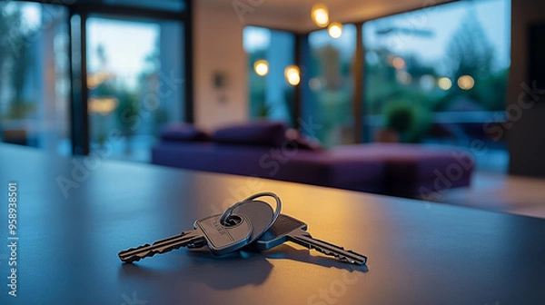 Fototapeta Close-up of house keys placed on a table in a stylish, modern luxury home with a blurred living room background.
