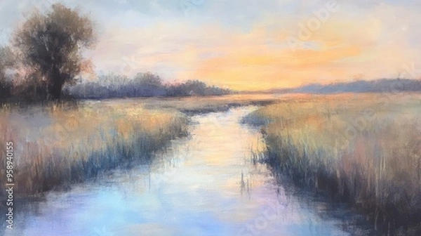 Fototapeta A calming painting of a stream at sunrise, with soft pastels and reflections of the sky in the water.