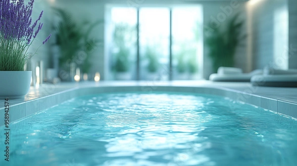 Fototapeta Tranquil Spa Pool - Serene indoor pool with a soft grey and mint green color scheme. 