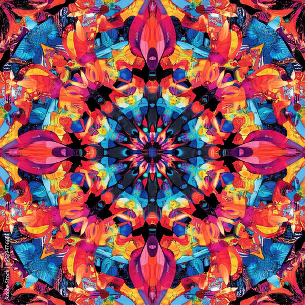 Obraz  A kaleidoscopic pattern with vibrant symmetrical designs. 