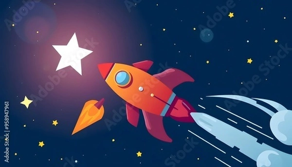 Fototapeta Illustration of a colorful cartoon rocket ship blasting off into a night sky, with clouds in the foreground