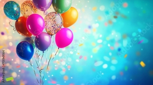 Fototapeta С Днем Рождения. Праздничный фон с шариками и конфетти.