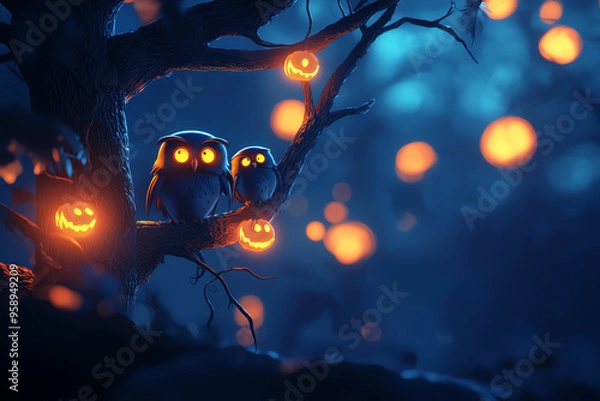 Fototapeta A mystical night scene featuring owls perched on a tree with glowing pumpkins, creating an enchanting autumn atmosphere.