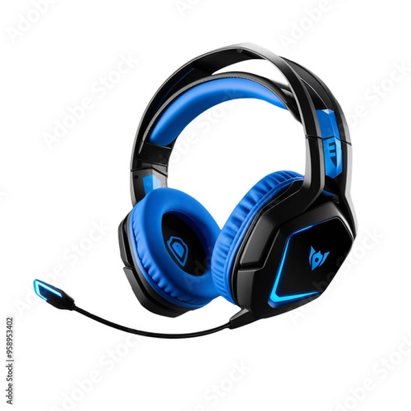 Fototapeta High-quality gaming headset in black with vibrant blue accents, hexagonal ear cups, glowing outline, adjustable headband, and flexible microphone, generative ai