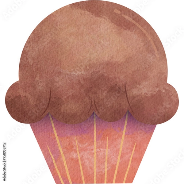 Obraz Hand drawn watercolor painting of chocolate muffin or cupcake with colorful wrapper. Food illustration. Sweet treat, dessert. Party, birthday, event snack. Isolated, cut out element.