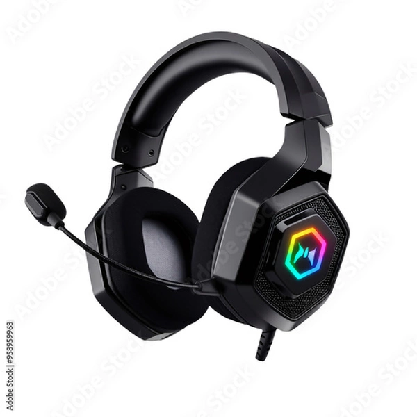 Fototapeta Sleek, modern gaming headset with black over-ear design, padded headband, hexagonal ear cups, vibrant multi-colored LED logo, flexible microphone, futuristic and stylish, generative ai