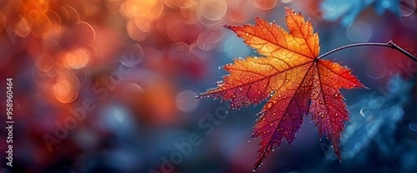 Fototapeta Single red and orange maple leaf with water droplets, blurred background.