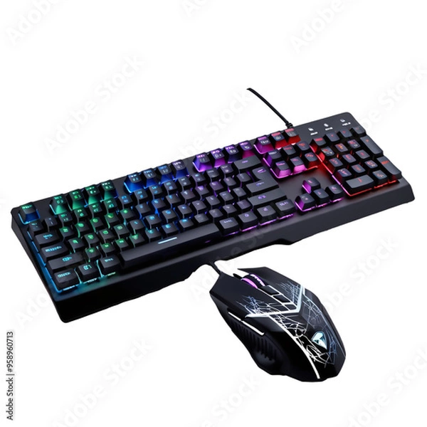 Fototapeta Gaming keyboard and mouse set with black mechanical keyboard, RGB backlighting in layout, numeric keypad, ergonomic black mouse with blue and white logo, generative ai