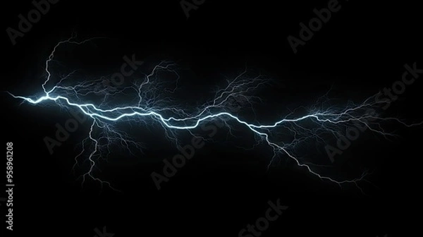 Fototapeta Powerful lightning bolt with branching patterns, isolated on a black backdrop, showcasing the dramatic and electrifying force of nature.