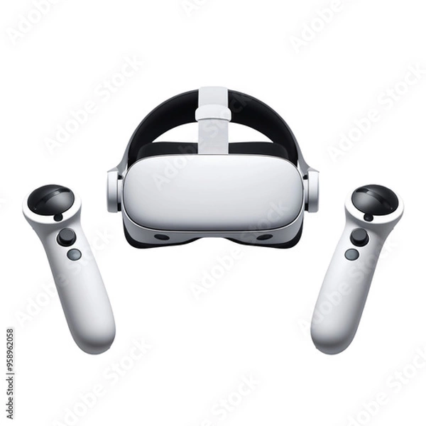 Fototapeta Sleek Modern Virtual Reality Headset with Black Straps and White Controllers, Ergonomic Design, Clean Layout, Advanced Technology, generative ai