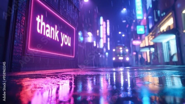 Fototapeta Thank you in bright neon lights on a digital screen, with reflections in a puddle, creating a modern and dynamic urban look