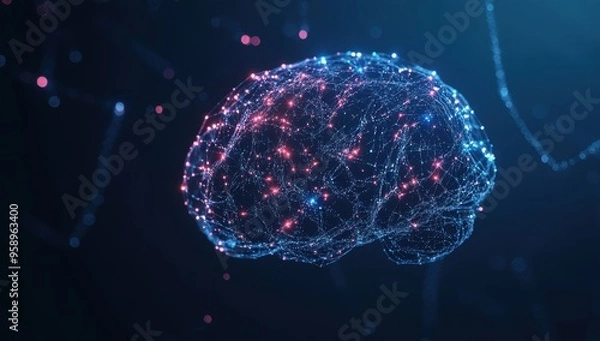 Obraz A digital brain made of glowing lines and dots, symbolizing artificial intelligence against a dark blue background Generative AI