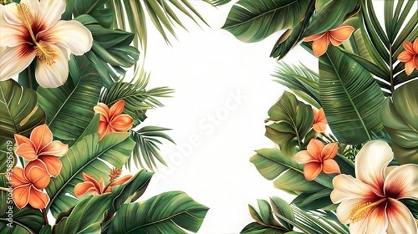 Fototapeta Green tropical leaf frame with delicate orange flowers on a white background for an exotic design