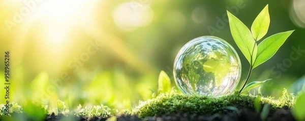 Fototapeta A crystal clear globe resting on lush green grass, symbolizing environmental sustainability and the beauty of nature.