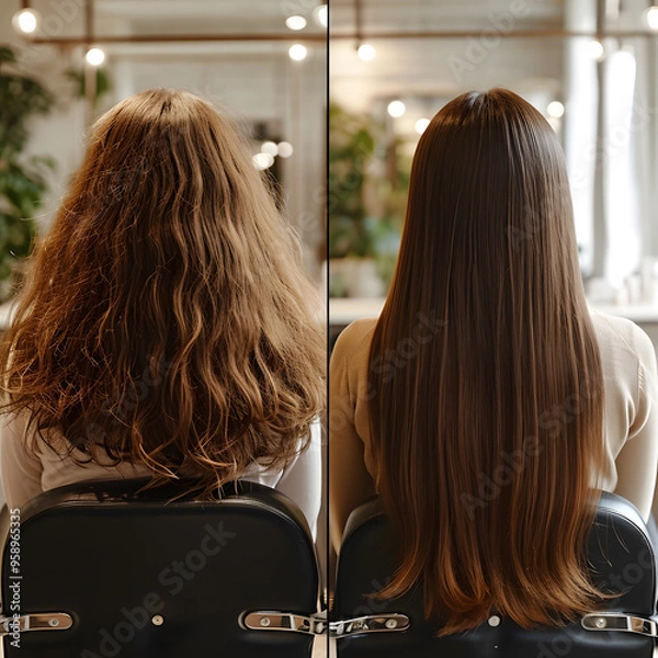 Fototapeta Before and After Hair Transformation from Curly to Straight