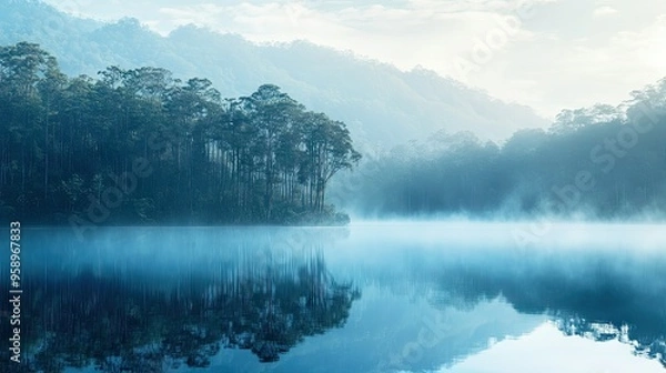 Obraz Tranquil blue mountain lake surrounded by trees, with mist rising in the early morning