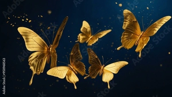 Fototapeta Golden Butterflies - A collection of golden butterflies flying against a dark blue background.