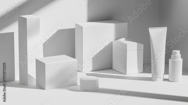 Fototapeta Aesthetic Minimalist Arrangement of Various Cosmetic Products on a Clean White Surface with Soft Shadows Casting Elegance and Serenity